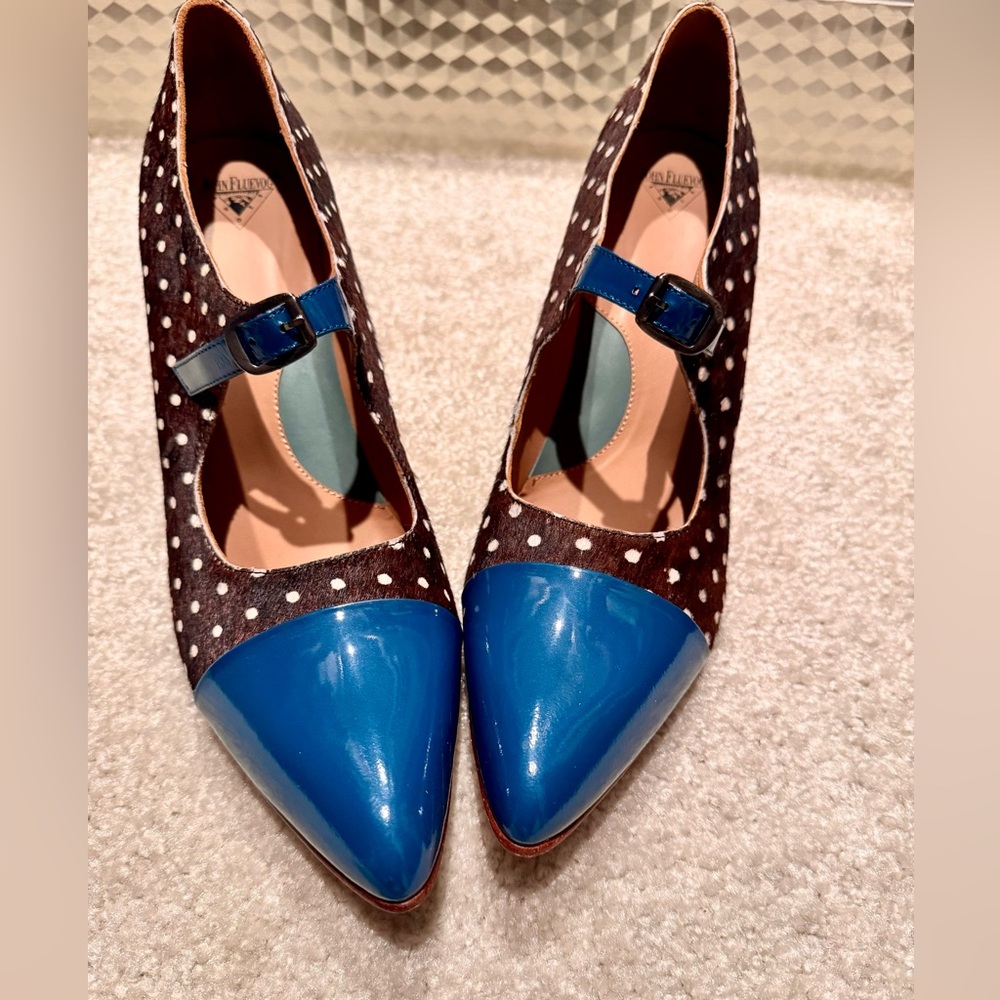 John Fluevog Malala Pony, Dots and Teal- Mary Jane Heels